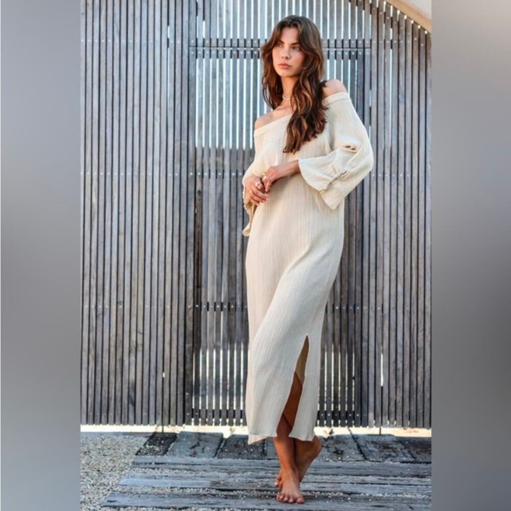 Maurie and Eve Taupe Beige Crinkle Off the Shoulder Maxi Dress Women's 10 3988 - Picture 2 of 13